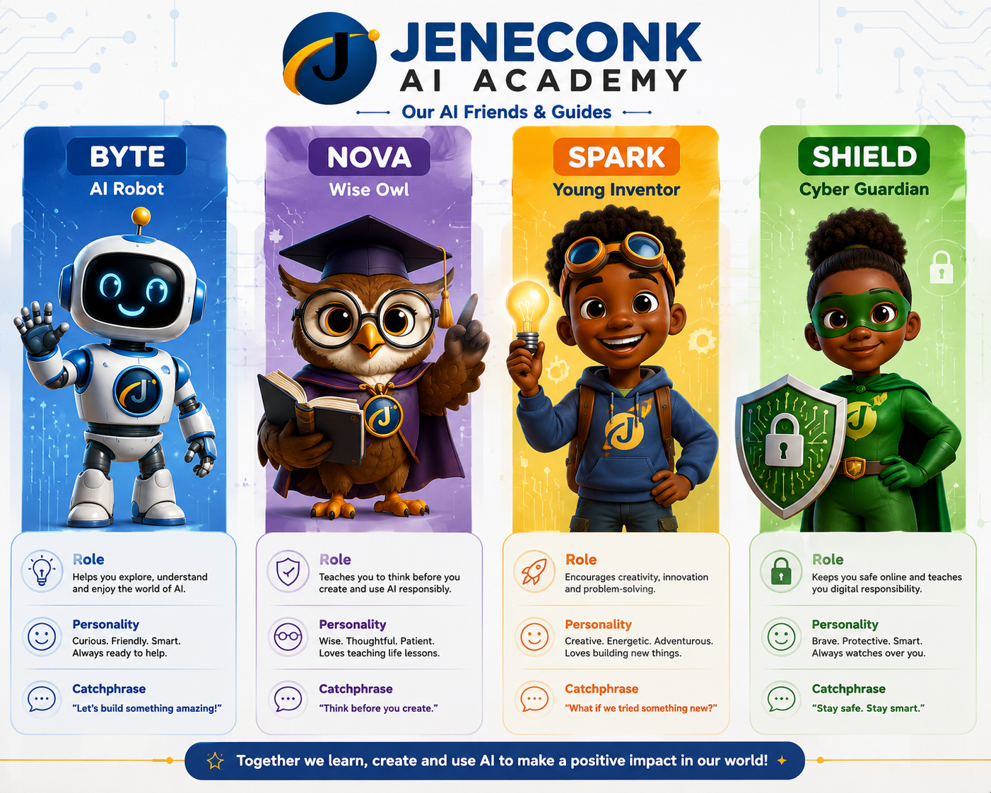 JENECONK AI Academy learning guides Byte, Nova, Spark and Shield