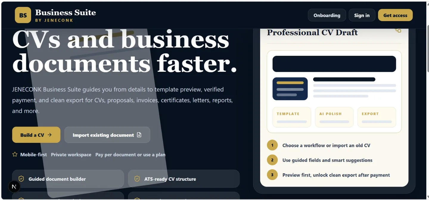 Real JENECONK Business Suite landing page and document workflow