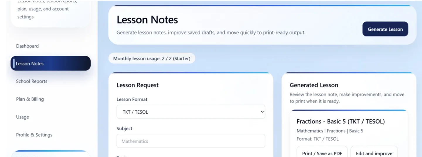 Real Education Suite lesson-note workspace