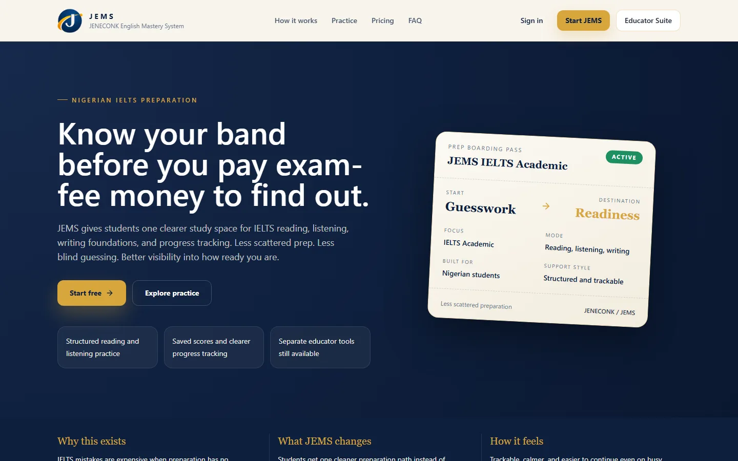 Live JEMS IELTS preparation platform showing its structured readiness pathway