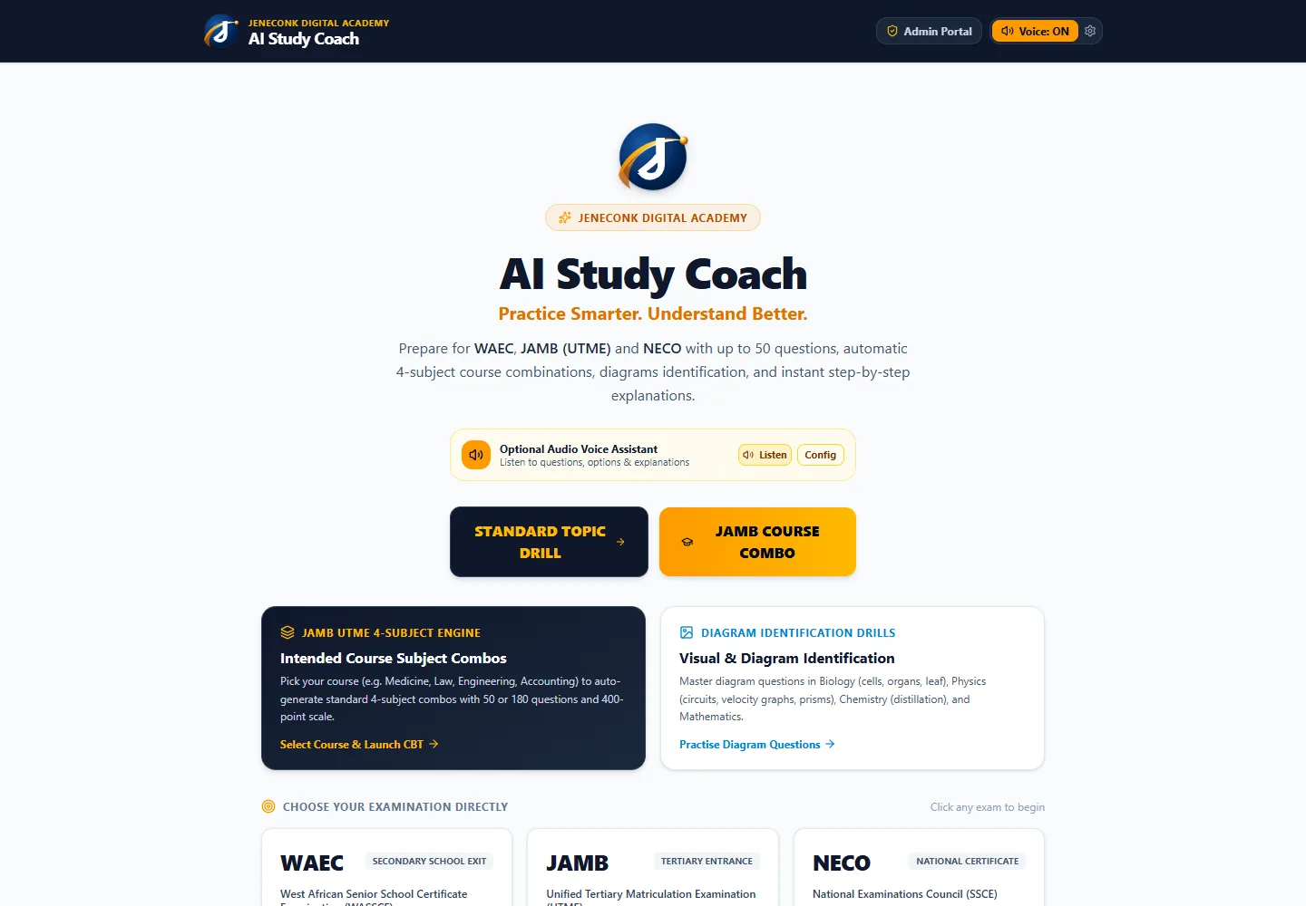 Live JENECONK AI Study Coach with WAEC, JAMB, NECO and diagram practice options