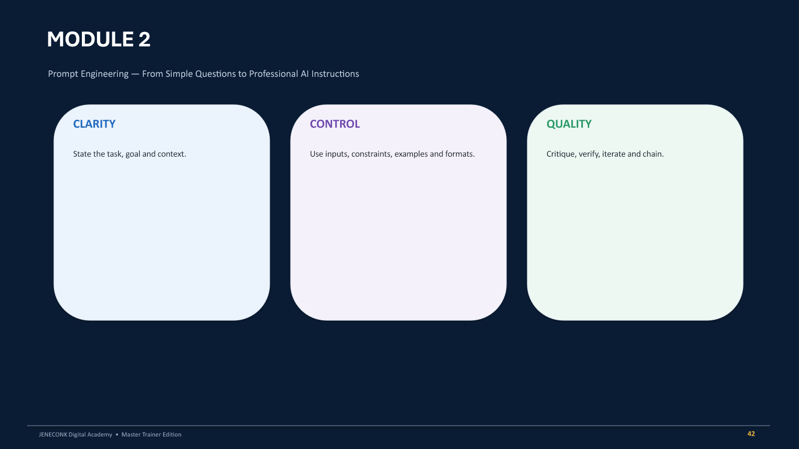 JENECONK Prompt Engineering module covering clarity, control and quality
