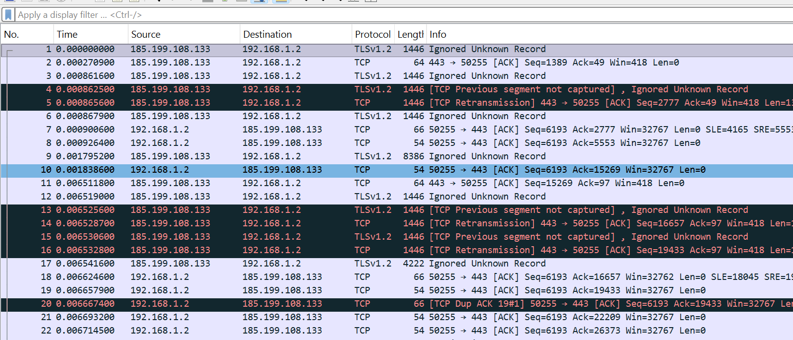Wireshark packet list from a first training capture with protocol and information columns